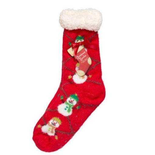 Christmas Snowman Fuzzy Sherpa Slipper Sock Red
