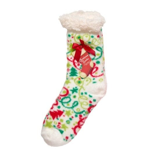 Christmas Swirl Fuzzy Sherpa Slipper Sock White