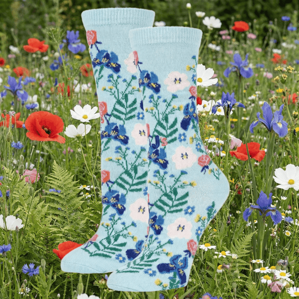 Wildflowers Crew Socks Blue John's Crazy Socks