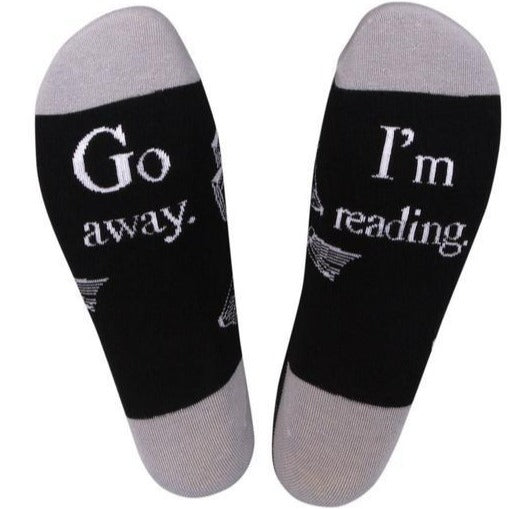 Go Away I'm Reading Socks Unisex Crew Sock Black and Grey