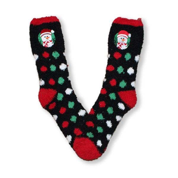 Snowman Dots Socks Fuzzy Applique Women&#39;s Sock Black