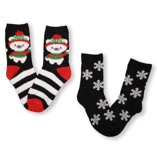 Fuzzy Bear and Snowflakes Children’s Christmas 2 Pack Sock Black