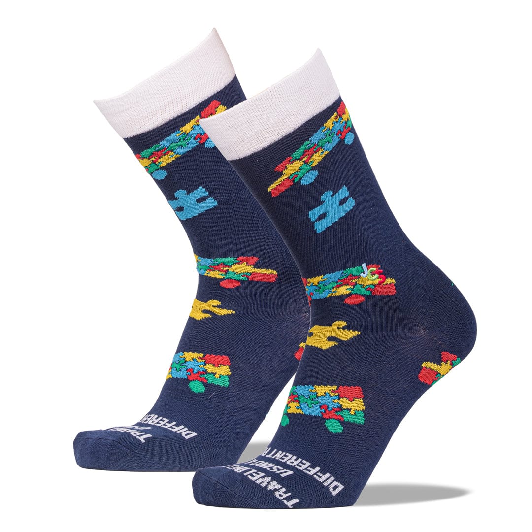 Bus Puzzle Piece Autism Awareness Socks Crew Sock Men&#39;s / Navy
