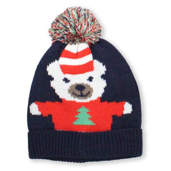 Holiday Polar Bear with Pompom Knit Hat Black
