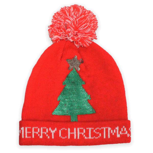 Christmas Tree with Pompom Knit Hat Red