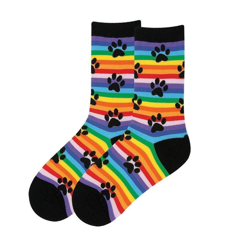 Rainbow Stripe Paw Print Socks Women's Crew Sock