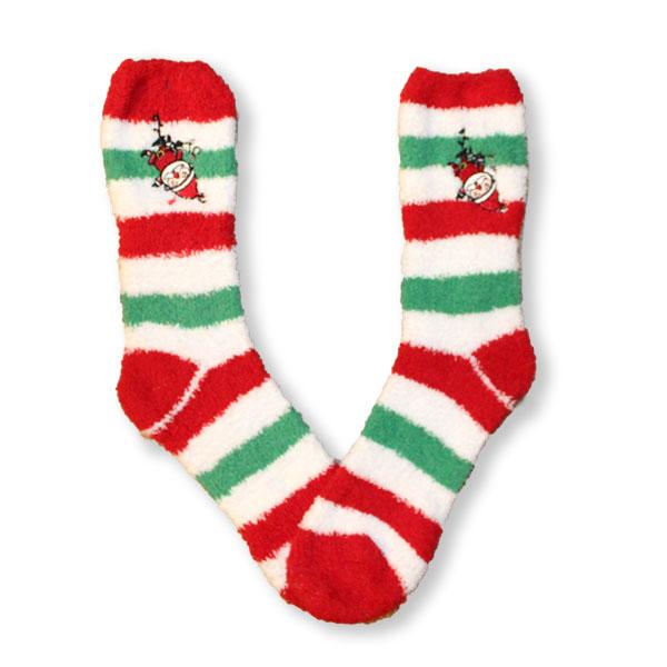 Santa Stripe Socks Fuzzy Applique Christmas Women’s Sock Green