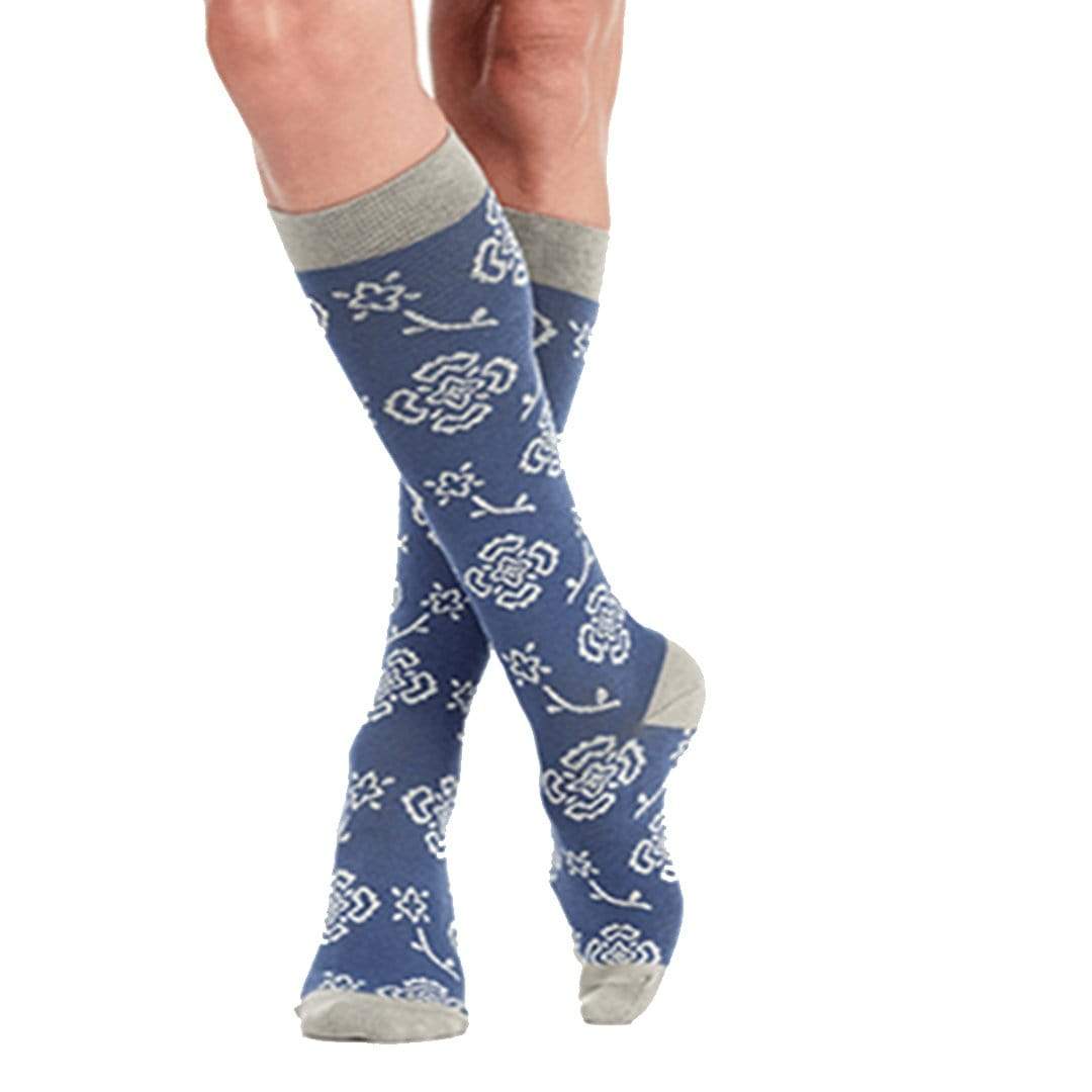 Blue &amp; Grey Queen&#39;s Floral Compression Socks Unisex Knee High Sock Medium / blue