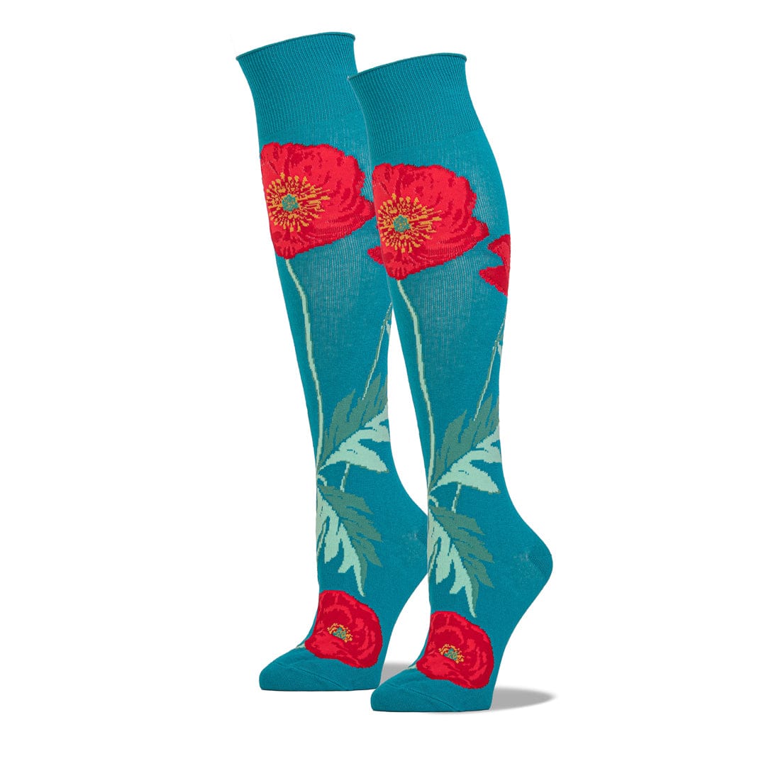 Bold Poppies Flower Socks Teal Women's Knee High Sock Teal