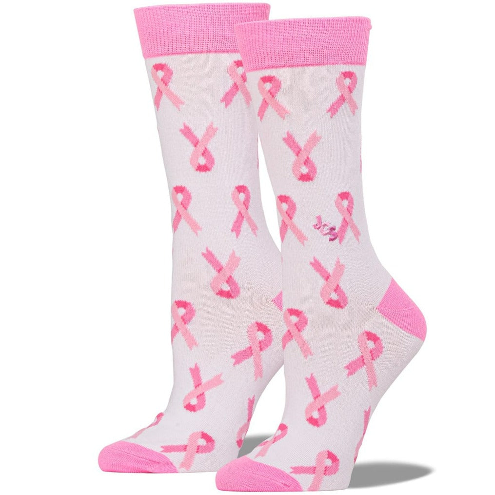 Breast Cancer Awareness Ribbon White Crew Sock White / Pink / Women&#39;s
