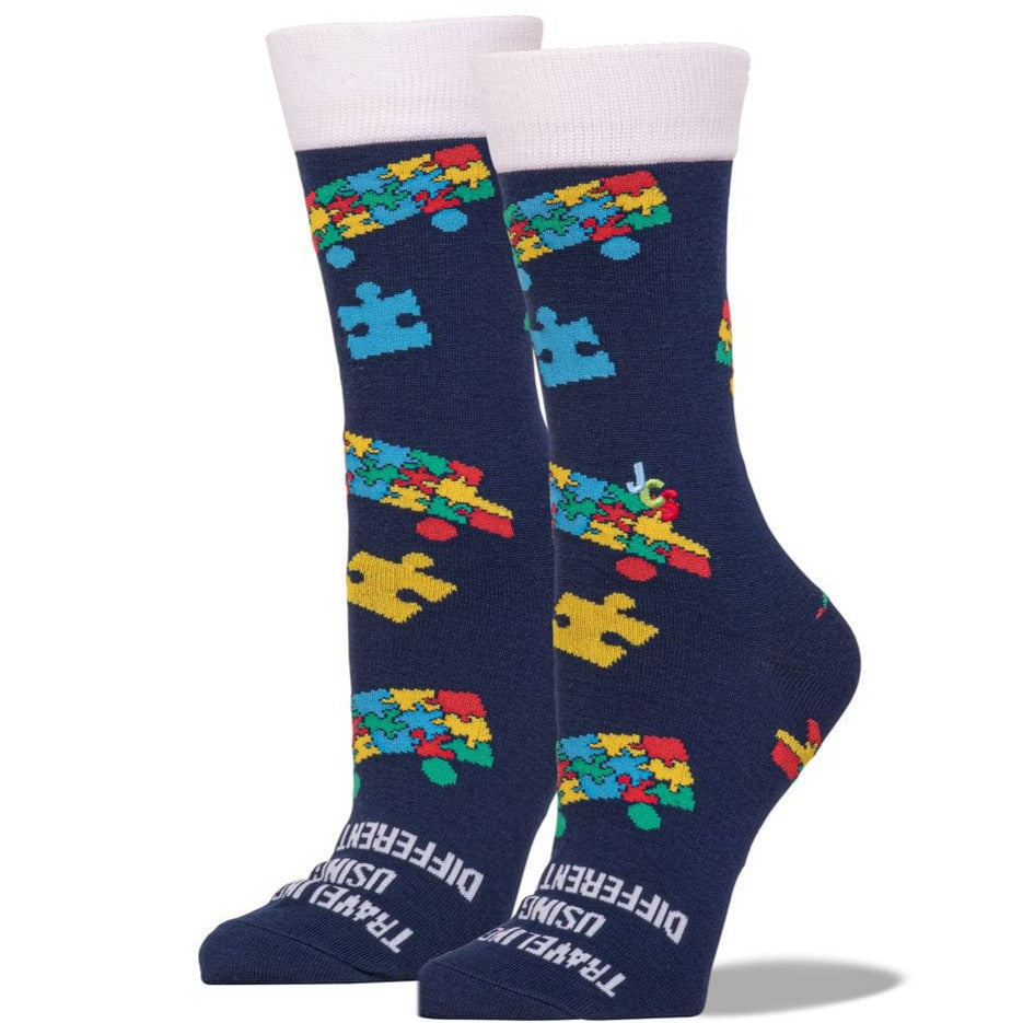 Bus Puzzle Piece Autism Awareness Socks Crew Sock Women&#39;s / Navy