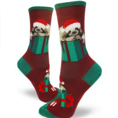 Santa Sloth Socks -Women's Crew Sock red