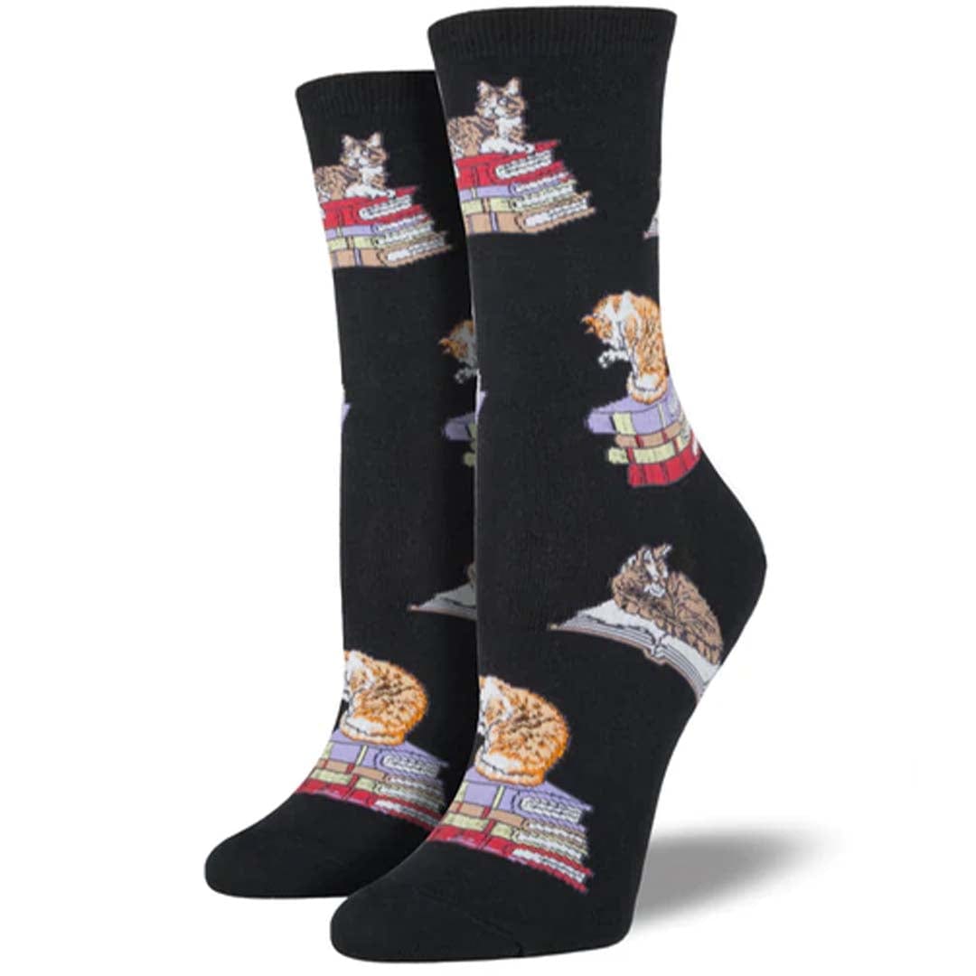 Cats On Books Women's Crew Socks Black