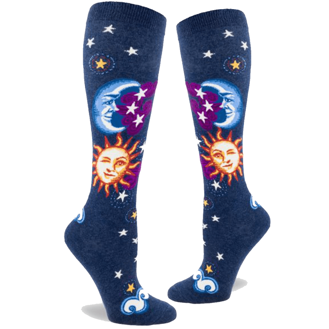 Celestial Sun &amp; Moon Women&#39;s Knee High Socks Blue