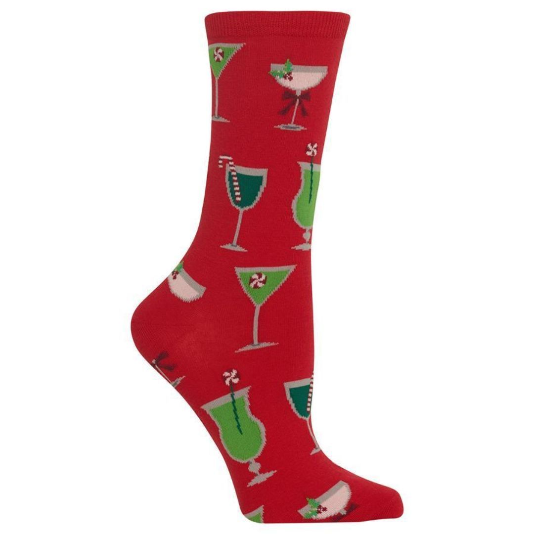 Christmas Cocktail Socks Women&#39;s Crew Sock Red