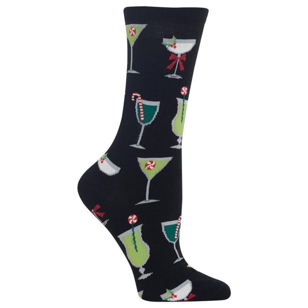 Christmas Cocktail Socks Women's Crew Sock Black