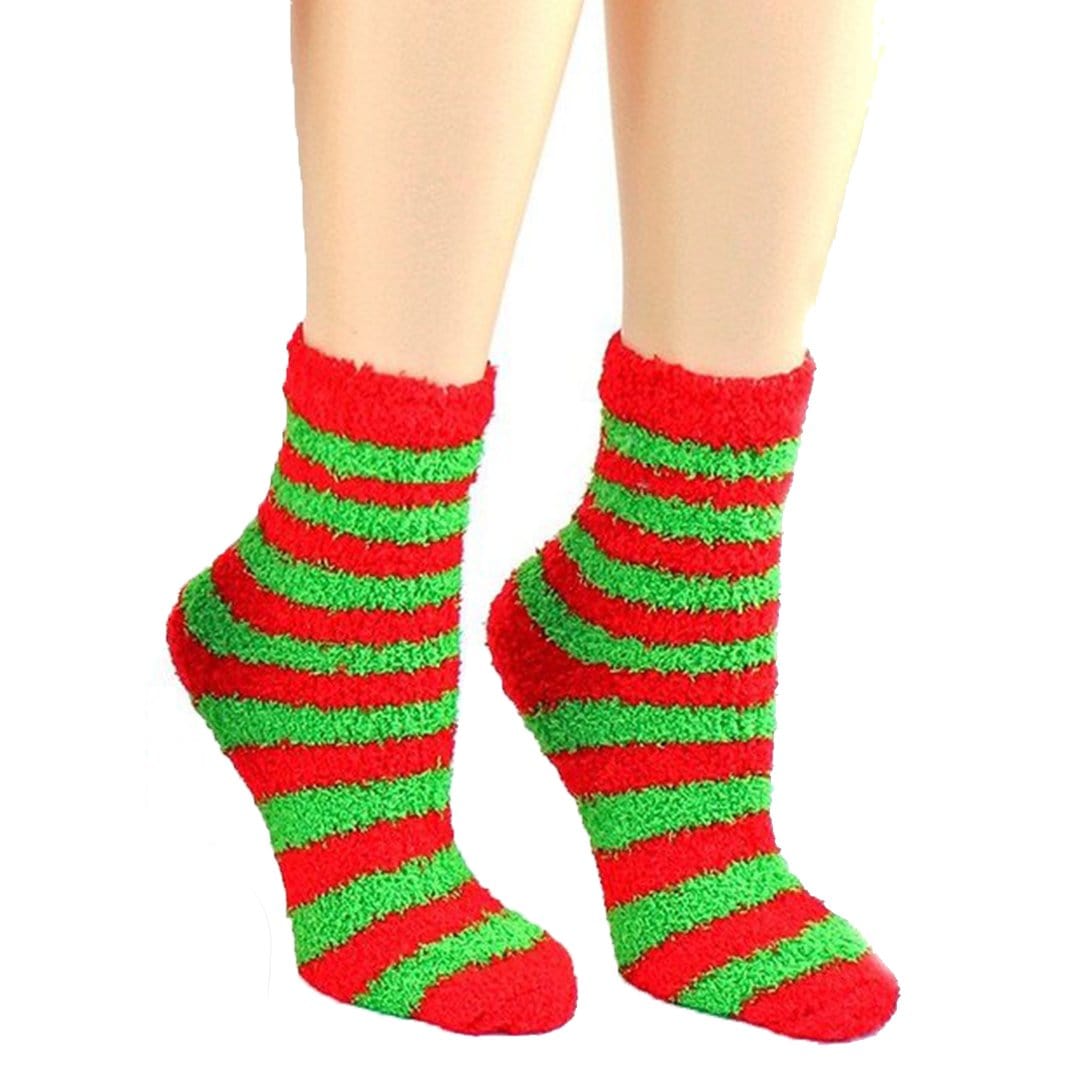Christmas Striped Fuzzy Socks - Women&#39;s Ankle Sock Red and Green
