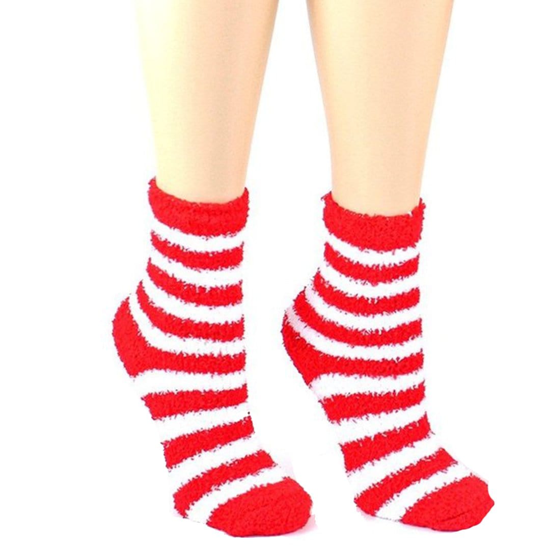 Christmas Striped Fuzzy Socks - Women&#39;s Ankle Sock Red and White