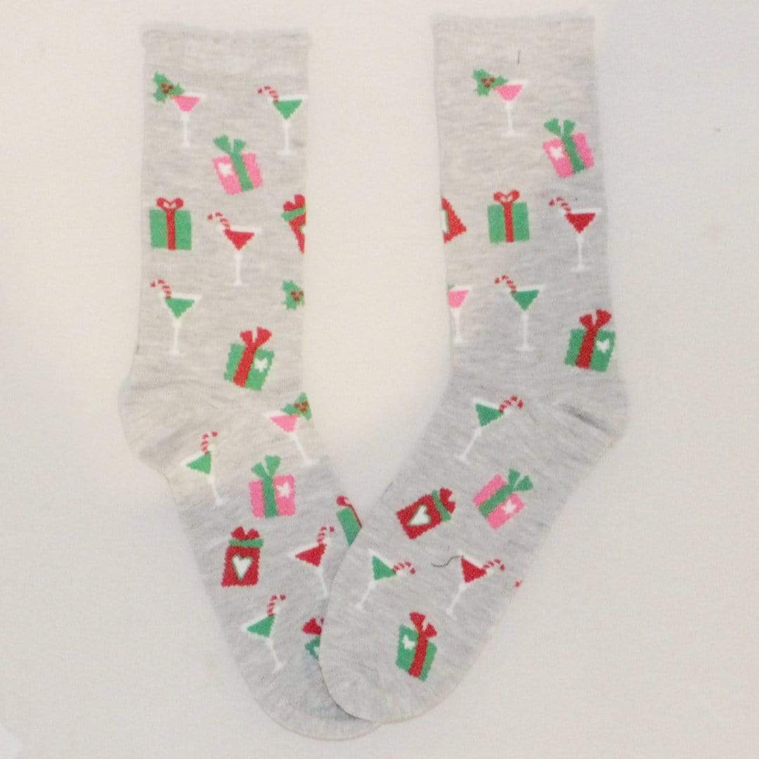 Cocktail and Presents Holiday Socks Grey