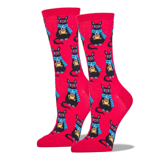 Coffee Cat Socks Women's Crew Socks Red