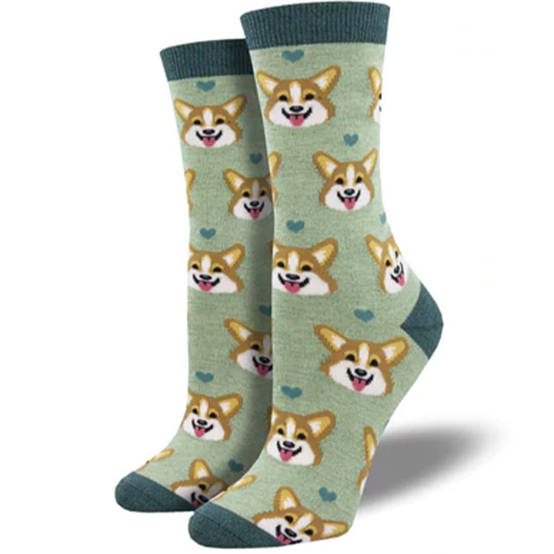Corgi Face Bamboo Crew Socks Green