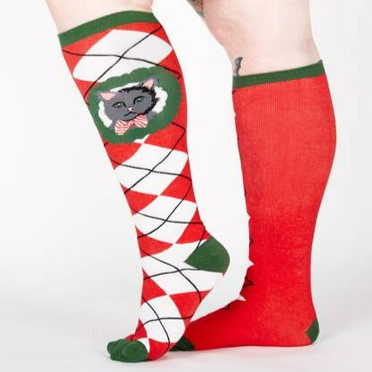 Deck The Paws Women's Wide Calf Knee High Socks Red Green and White