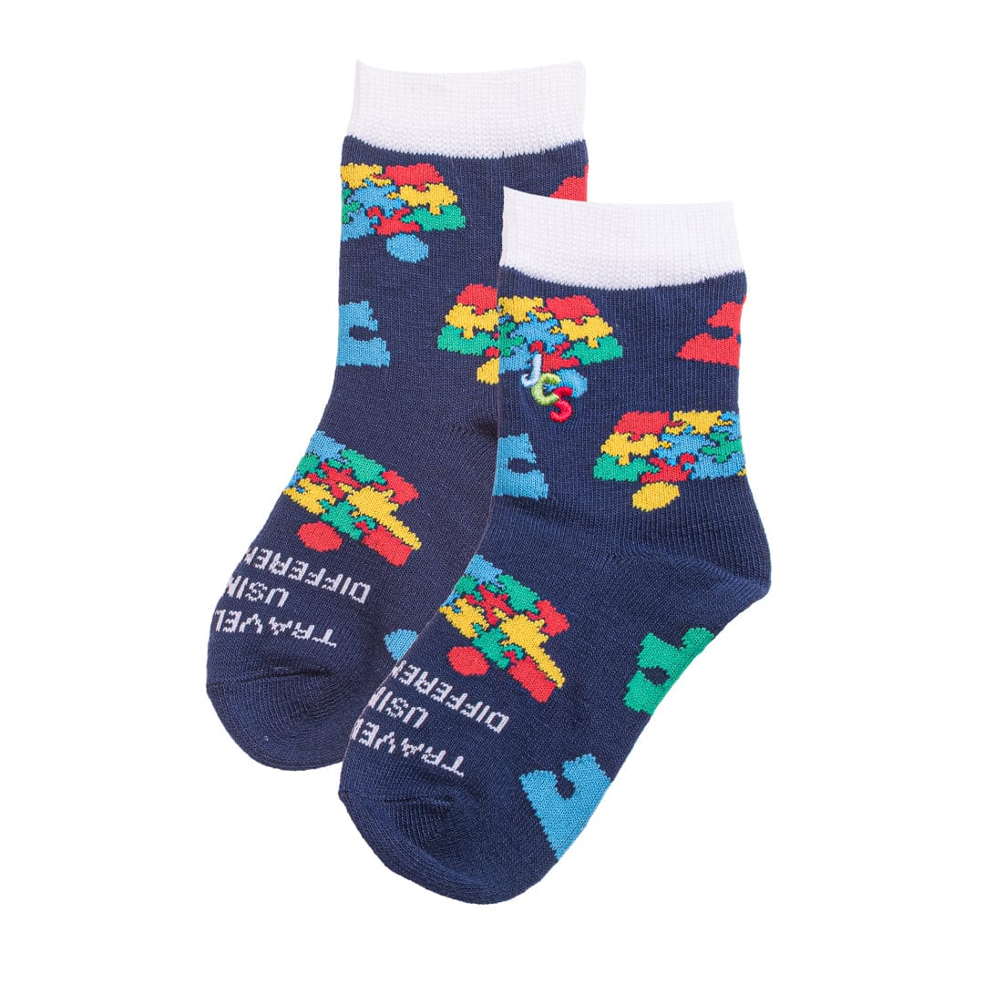 Bus Puzzle Piece Autism Awareness Socks Crew Sock Children's / Navy