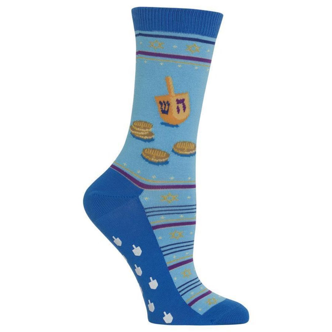 Dreidel and Gelt Non-Skid Socks Women's Crew Sock Blue