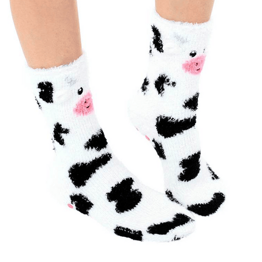 Fuzzy Cow Crew Socks White