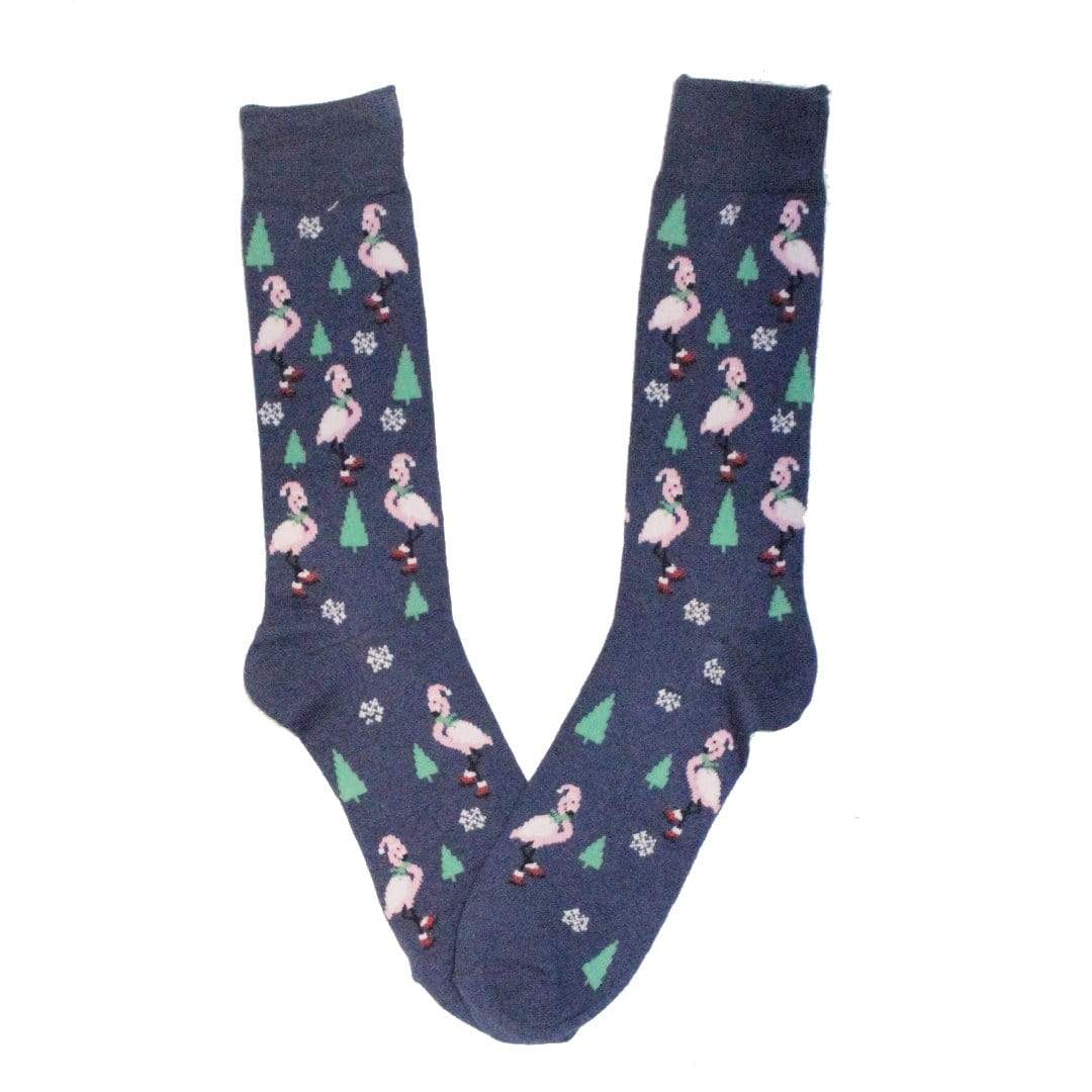 Festive Flamingos Holiday Crew Socks Blue