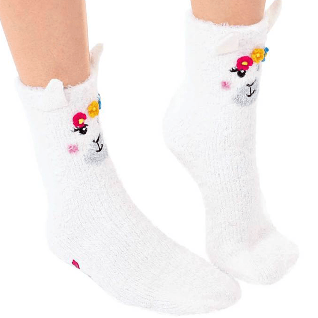 Fuzzy Llama Crew Socks White
