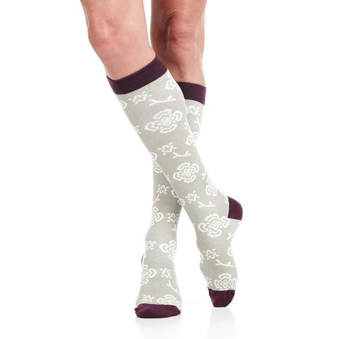 Grey &amp; Burgundy Queen&#39;s Floral Compression Socks Unisex Knee High Sock Small / Grey