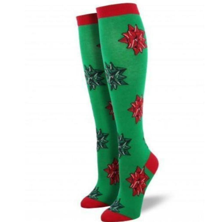 Green Christmas Bows Socks Women&#39;s Knee High Sock Green