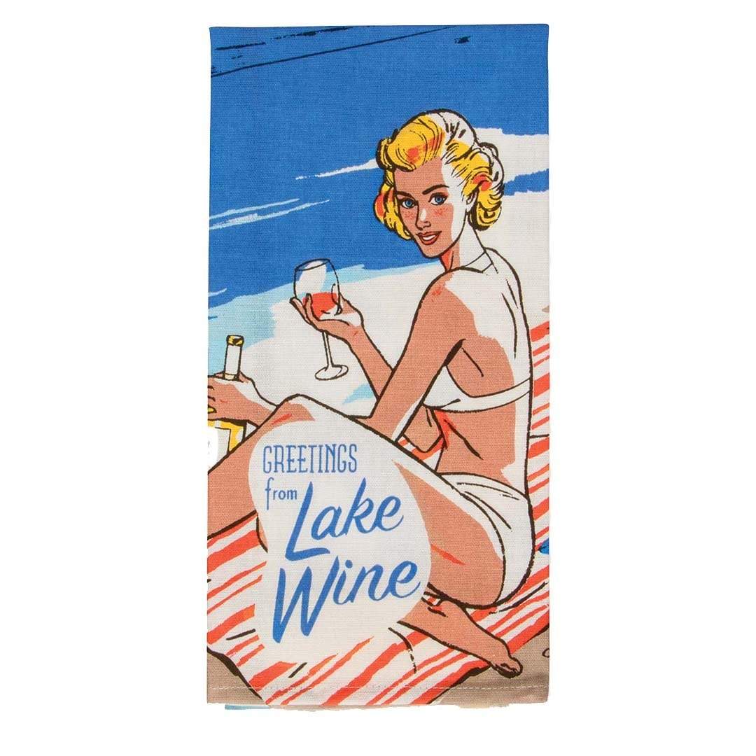 Greetings From Lake Wine Dish Towel Blue