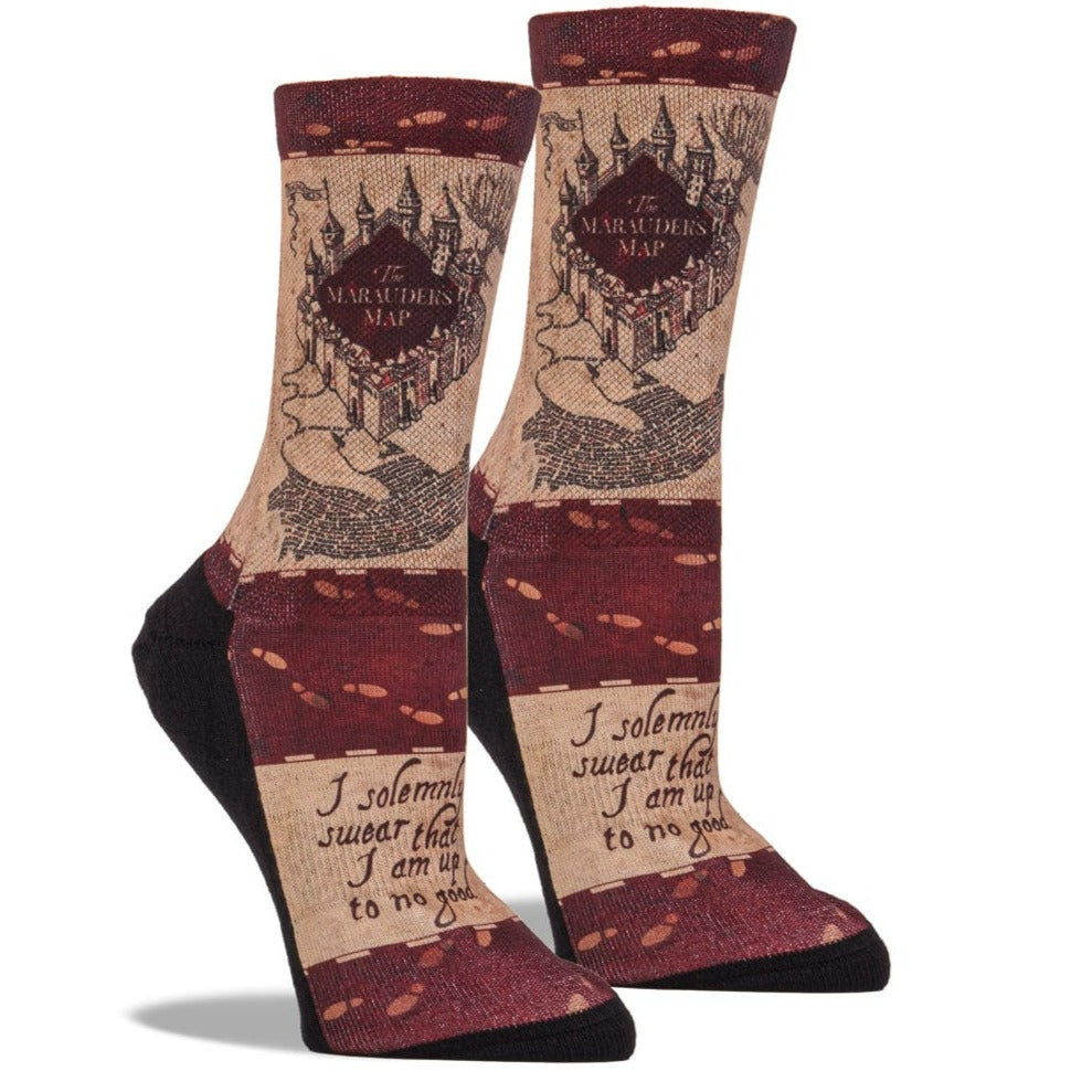Harry Potter Marauder&#39;s Map Crew Sock Women&#39;s / Red and Tan