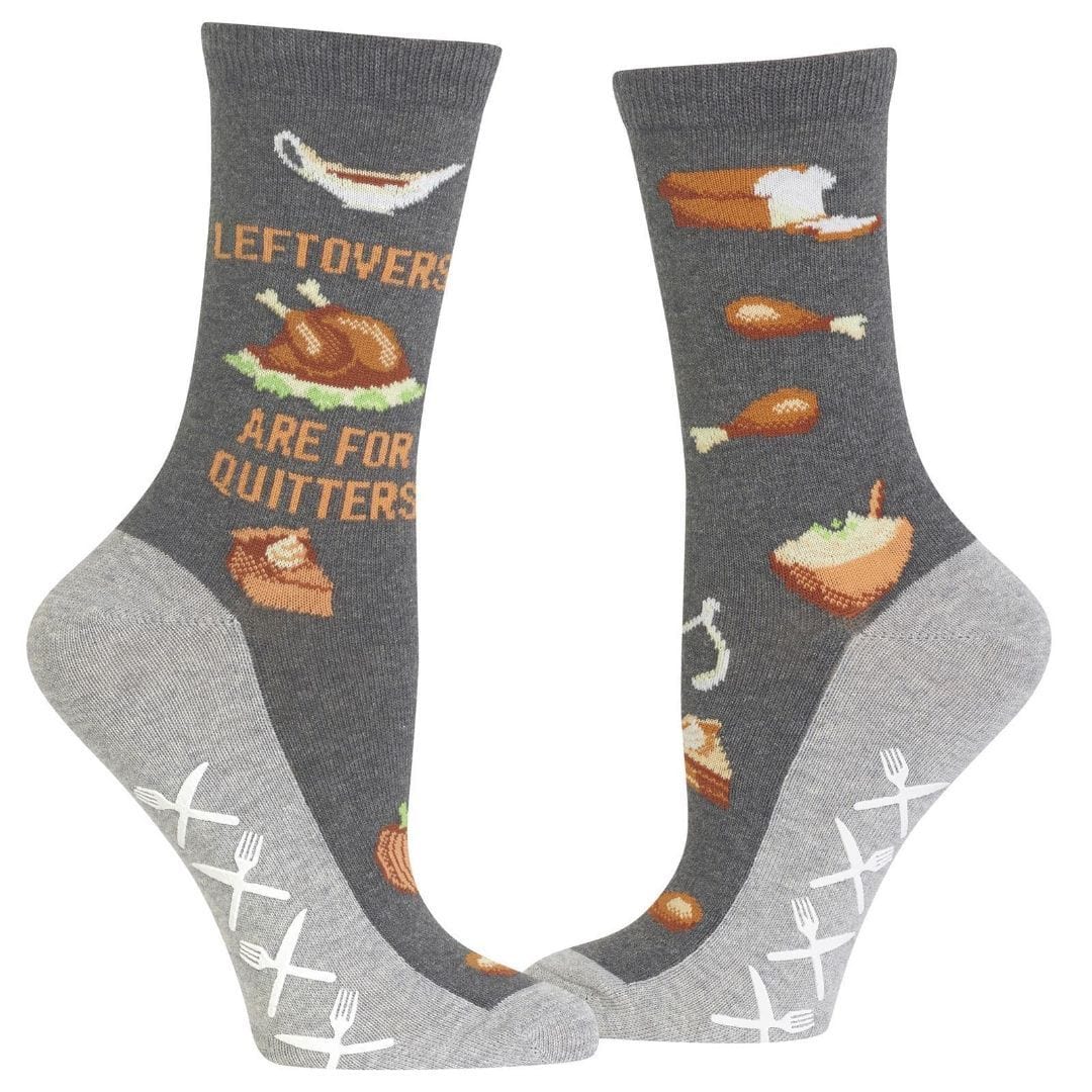 Leftovers are for Quitters Thanksgiving Socks Women&#39;s Crew Sock (slip-resistant) gray