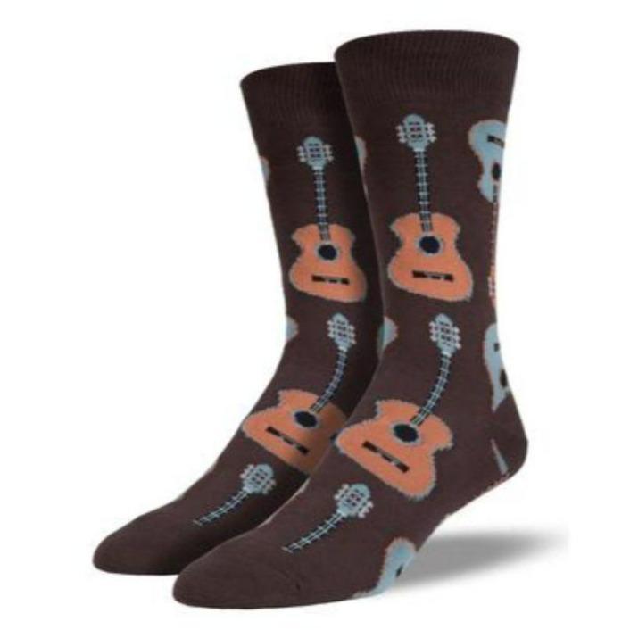 Brown Guitar Socks Men’s Crew Sock Regular Shoe Size 7-12.5 / Brown