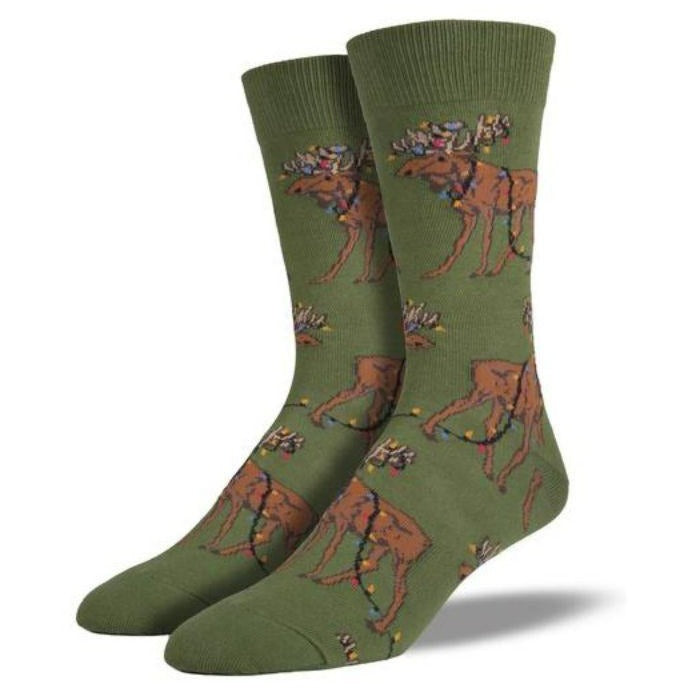 Xmas Lights Moose Sock - Men’s Crew Socks Green