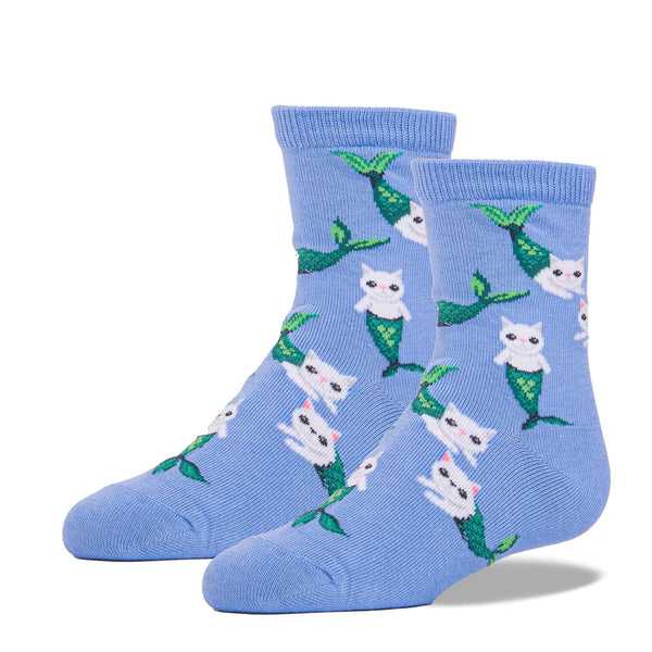 Mermaid Cat Kids Crew Sock - Periwinkle / ages 4-7 - John's Crazy Socks