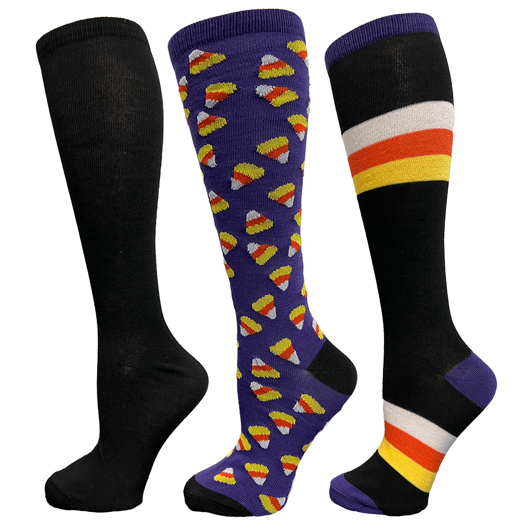 Halloween Candy Corn Knee High Socks 3 Pack Purple