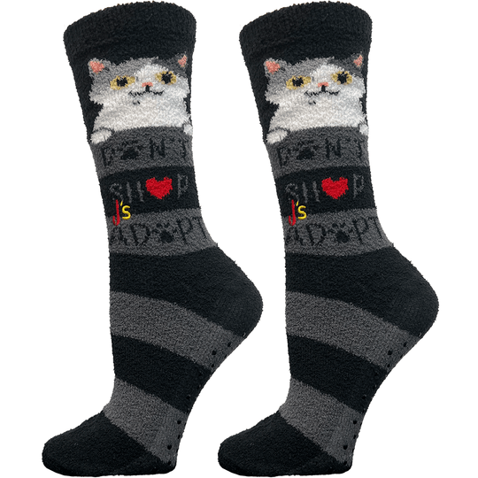 Cat Rescue Fuzzy Women's Crew Socks Black