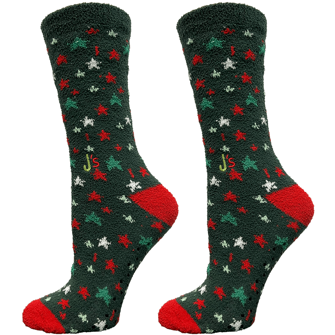 Stars Green Fuzzy Women's Crew Socks Green