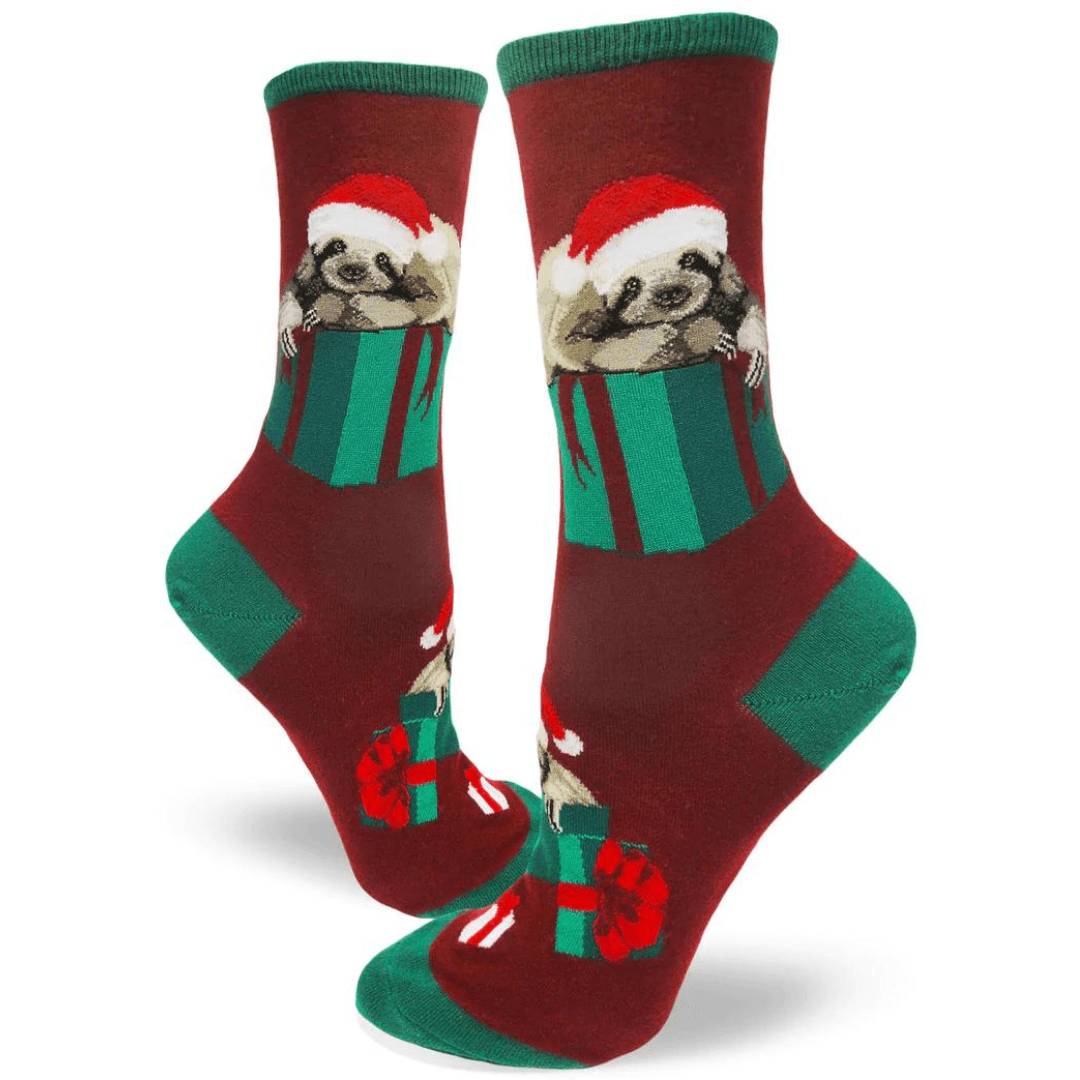 Santa Sloth Women&#39;s Crew Socks red