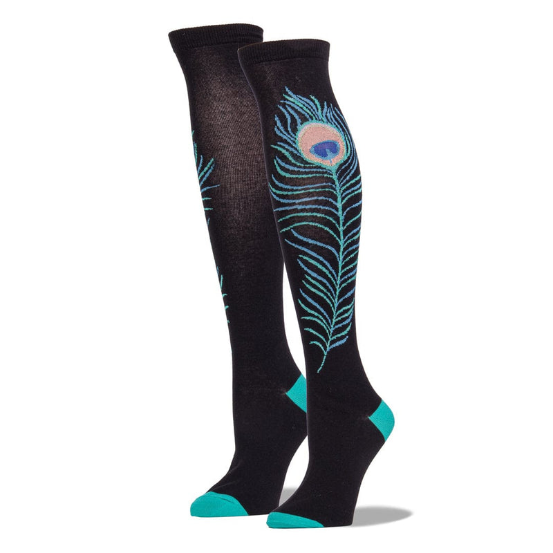 Peacock Feather Socks - Knee High Socks for Women - Black - John's ...