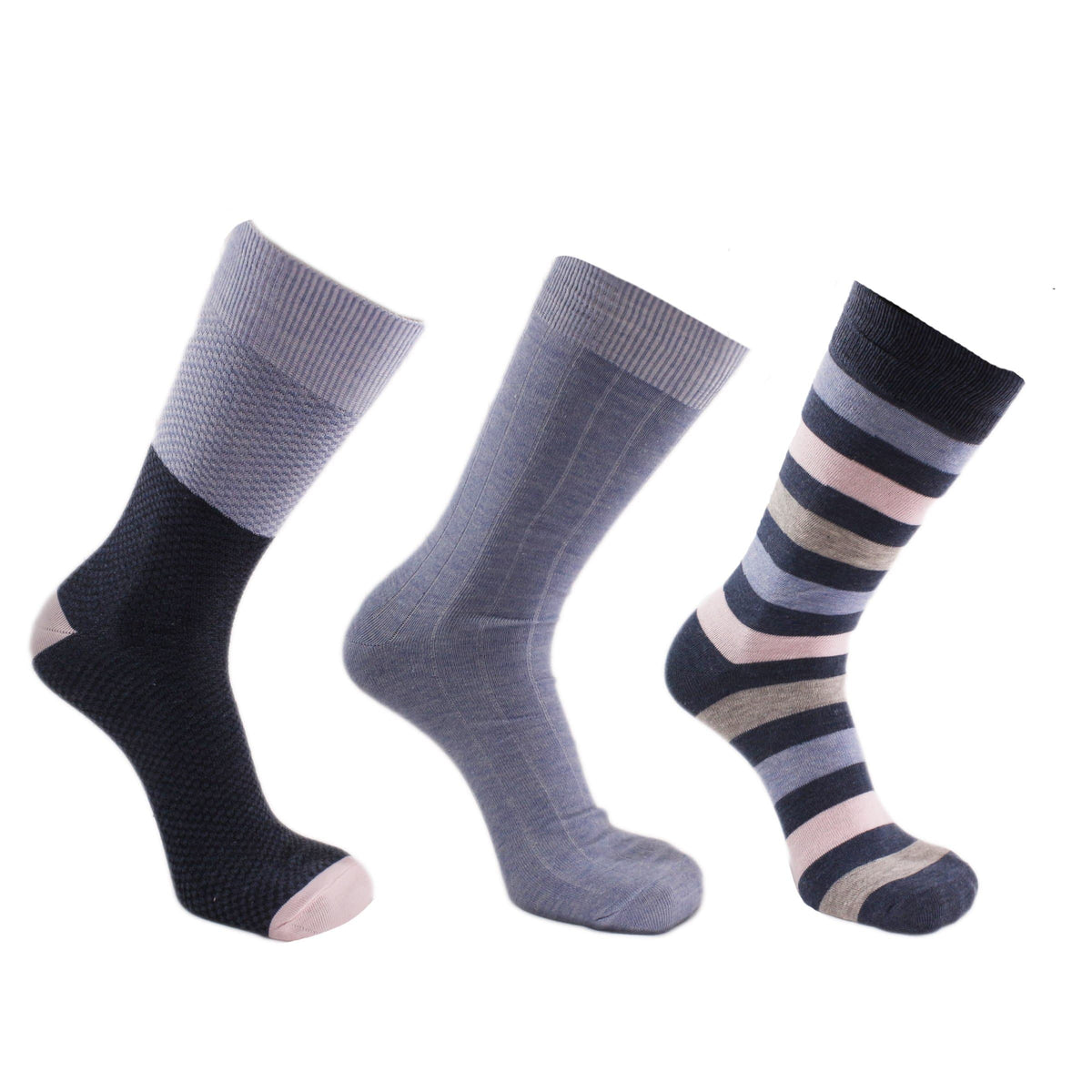 Waffle Texture 3 Pack Crew Socks Blue / Pink / Grey