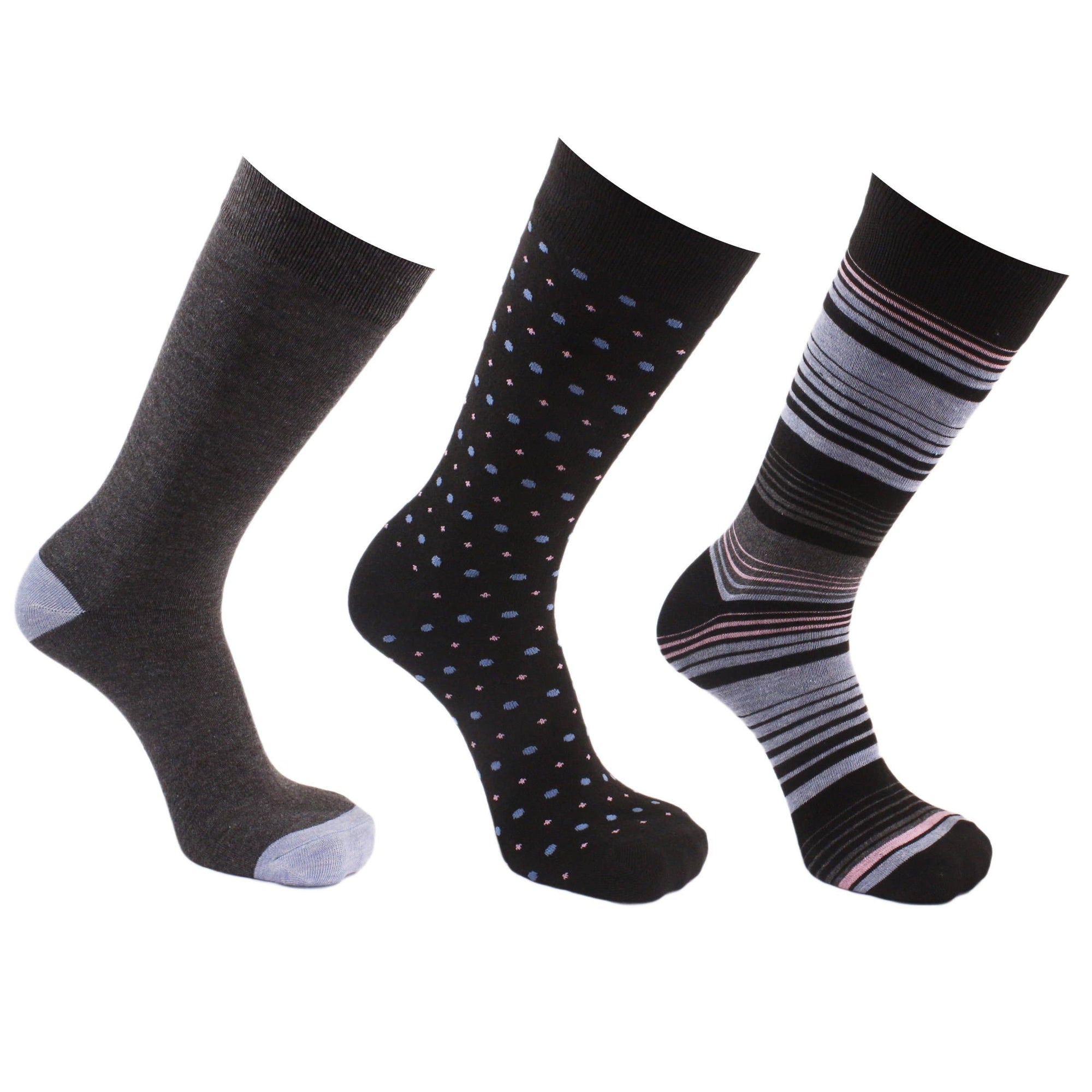 Stripes & Dots 3 Pack Crew Socks - Grey / Blue - John's Crazy Socks