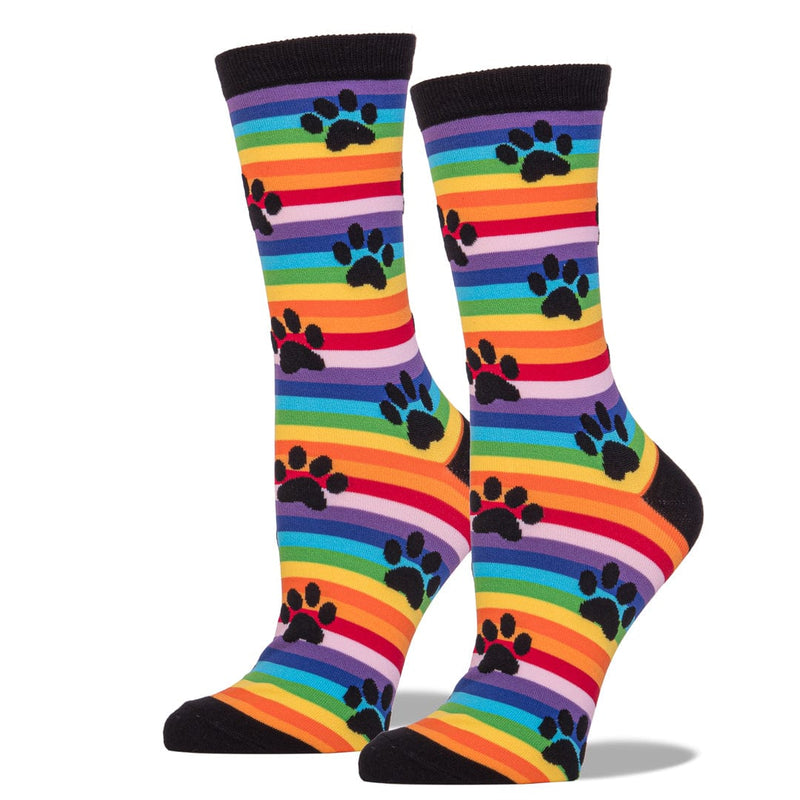 Rainbow Stripe Paw Print Socks Women's Crew Sock