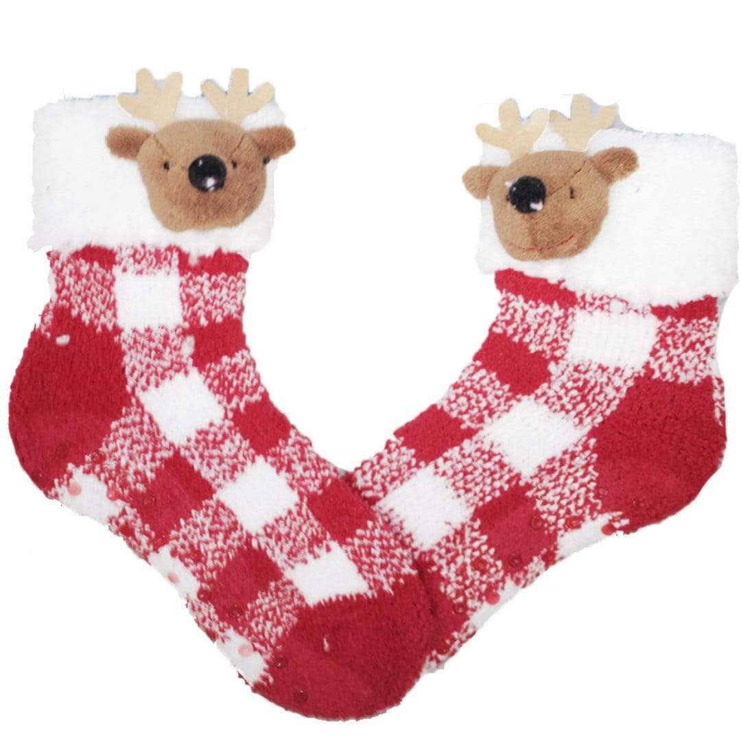Reindeer Fuzzy Slipper Sherpa Sock Red