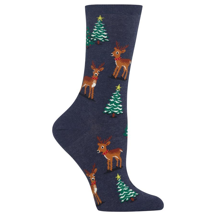 Reindeer Scene Socks -Women&#39;s Crew Sock Blue