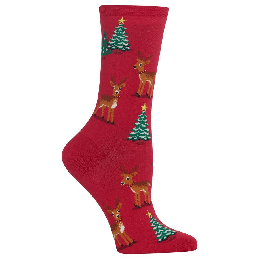 Reindeer Scene Socks -Women&#39;s Crew Sock Red
